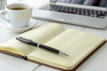 A white notebook with a pen on top next to a cup of coffee. Mockup template for design print