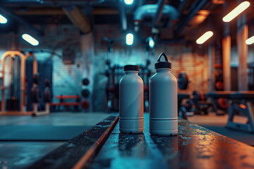 Two water bottles placed on a gym bench, showcasing hydration and fitness. Mockup template for design print