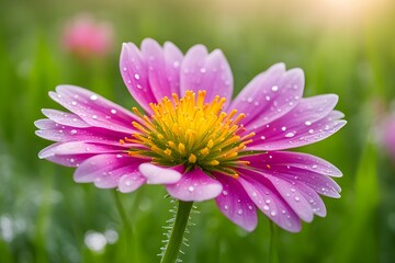Fototapeta premium A beautiful pink flower with yellow centers is in a field of green grass