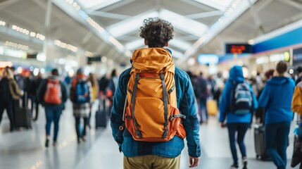 Back view of traveler with orange backpack strolling through a busy airport terminal in daytime.