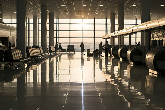 Empty airport terminal sunset