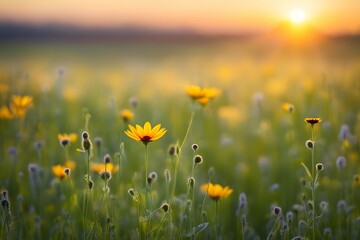 Fototapeta premium A field of yellow flowers with a sun in the background