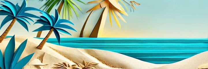 Paper art of a tropical beach with blue ocean