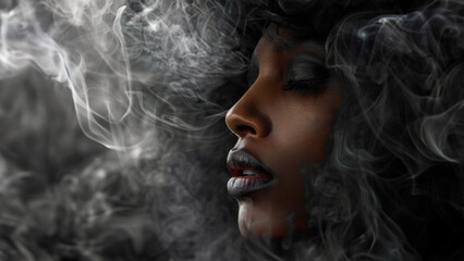 A conceptual illustration of an African American woman surrounded by gray smoke. Mysterious, surreal and enigmatic.