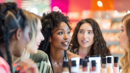 A diverse group of beauty experts and enthusiasts engaging in a lively discussion at a cosmetics forum, with colorful banners and makeup displays in the background