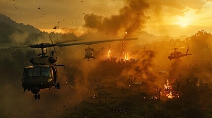 helicopteres arriving in Valley of war is going on, explosions