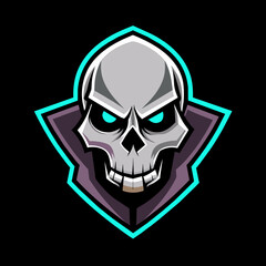  Intimidating skull logo with vibrant cyan eyes and a sleek, angular design, perfect for esports teams, gaming communities, and branding. High-quality vector illustration capturing a sinister skull