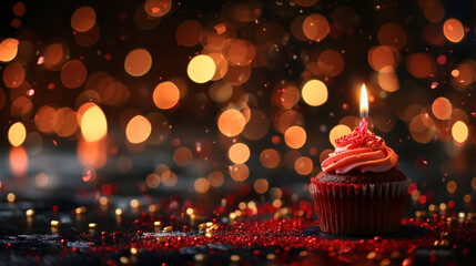 Delicious birthday cupcake with burning candle