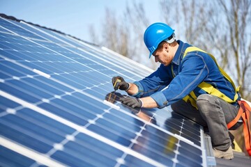 Professional technician installing solar panels on residential rooftop for energy efficiency