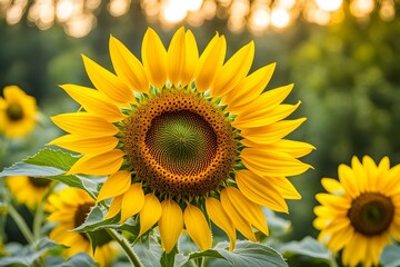 Fototapeta premium A large yellow sunflower with a green center is the main focus of the image