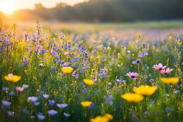 A field of flowers with a bright yellow sun in the background