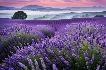 Obraz premium A field of lavender flowers with a mountain in the background