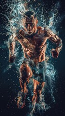 man demonstrates a remarkable energy boost, sprinting with impressive speed and muscular prowess, intensity, dynamism, movement, exhilaration, determination