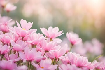 Obraz premium A field of pink flowers with a bright sun shining on them