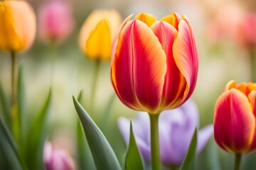 Obraz premium A bunch of flowers with a red tulip in the middle