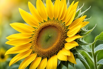 Obraz premium A large yellow sunflower with green leaves