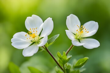 Two white flowers with yellow centers are in a green background