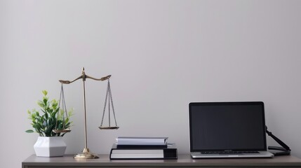 A lawyer's desk with a laptop, legal documents, and a scale of justice, leaving space on the desk or background for adding text or promotional messages with minimalist style