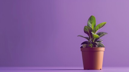 coin moneys near small plant growing on pot copy space on purple background with minimalist style