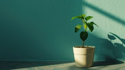 coin moneys near small plant growing on pot copy space on sea color background