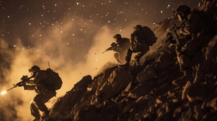 US delta force soldiers, in a battle, rushing up a mountain at night