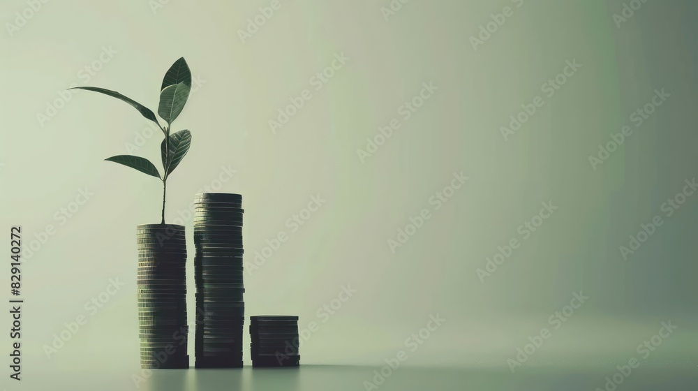 Poster a conceptual image of a bar graph made from stacks of coins with a plant growing from the tallest st