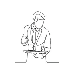 One continuous line drawing of a waiter is serving customers who order food and drinks for dinner in restaurant vector illustration. Restaurant activity in simple linear style vector design concept.
