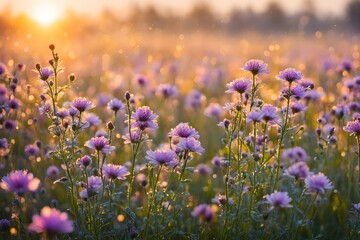 A field of purple flowers with the sun shining on them