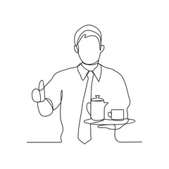 One continuous line drawing of a waiter is serving customers who order food and drinks for dinner in restaurant vector illustration. Restaurant activity in simple linear style vector design concept.