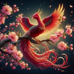 A sharp, detailed  image of a Fenghuang, a Chinese phoenix, perched gracefully on a blossoming cherry tree branch