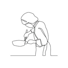One continuous line drawing of a Chef cooking for customers who order food and drinks for dinner in restaurant vector illustration. Restaurant activity in simple linear style vector design concept.