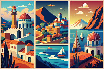 Set of Travel Destination Posters in retro style. Santorini, Greece