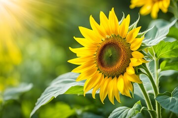 Fototapeta premium A yellow sunflower is in full bloom, with its petals open to the sun