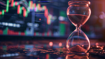 Hourglass infront of stock crypto market symbolizing right time to buy or sell