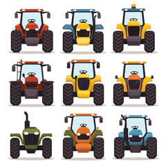 Set colorful farm tractors various designs, cartoon styled vehicles agriculture, farming machinery collection. Different tractor models, simple flat design, front view, isolated vector