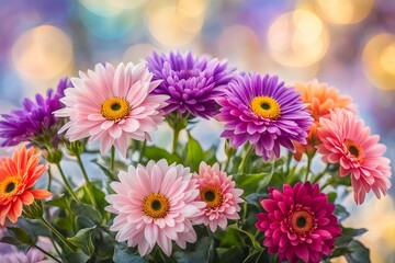 A bouquet of flowers with a variety of colors including pink, purple, and orange
