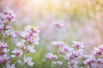 Obraz premium A field of pink flowers with a bright sun shining on them