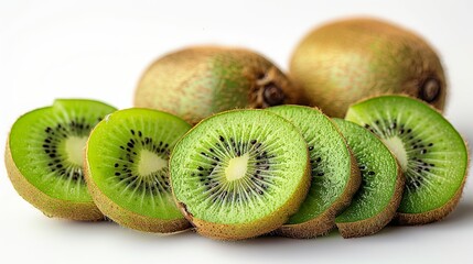 Fototapeta premium A bunch of sweet, green kiwis, some sliced to reveal the vibrant green interior with black seeds, arranged neatly on a white background. isolate on white background Minimal and Simple style