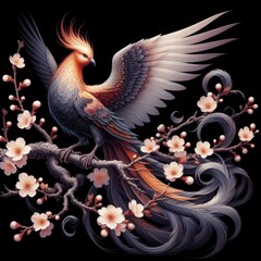 A sharp, detailed  image of a Fenghuang, a Chinese phoenix, perched gracefully on a blossoming cherry tree branch