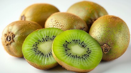 Fototapeta premium A bunch of sweet, green kiwis, some sliced to reveal the vibrant green interior with black seeds, arranged neatly on a white background. isolate on white background Minimal and Simple style