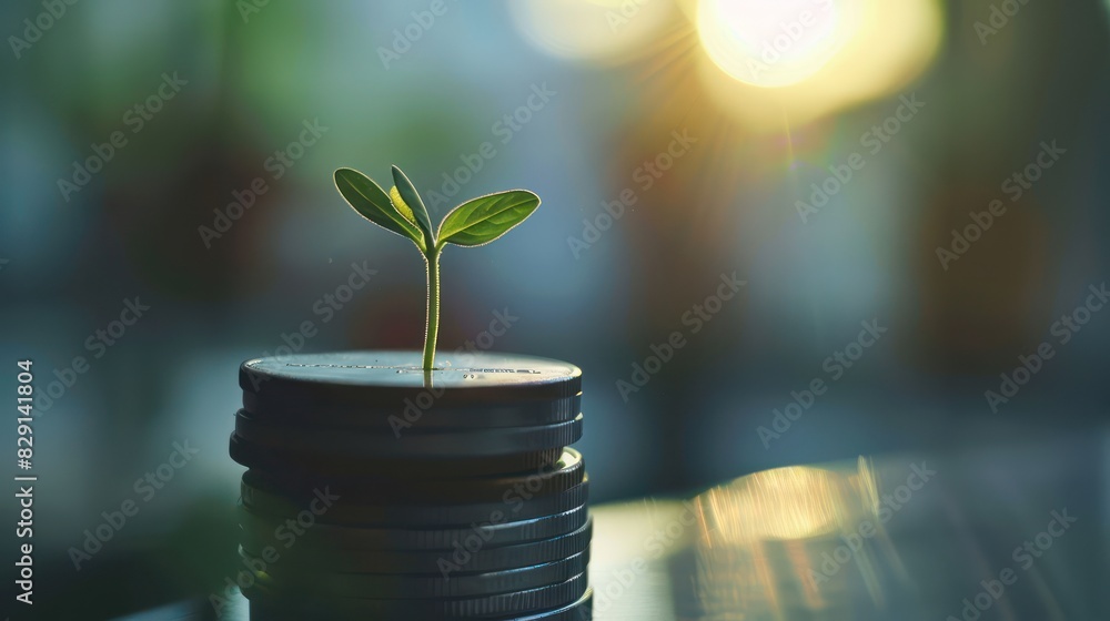 Poster a close-up shot of a stack of coins with a small plant growing from the top, with a blurred backgrou