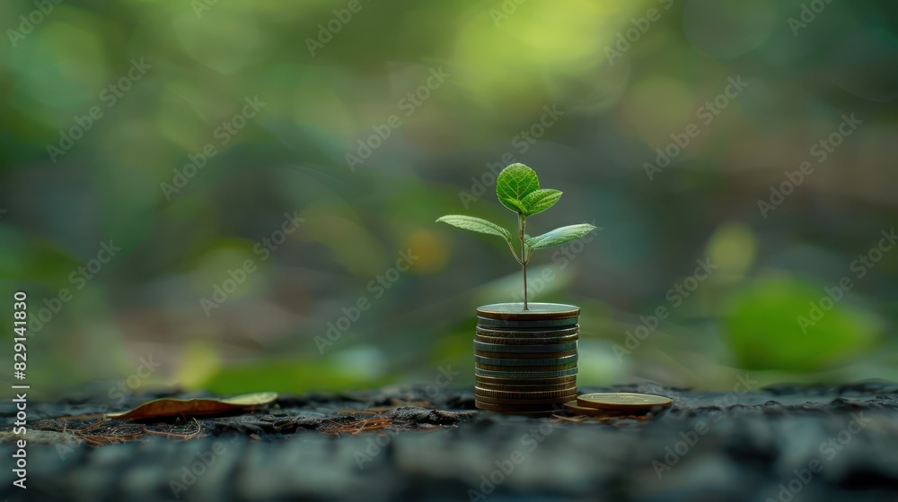 Poster a close-up shot of a stack of coins with a small plant growing from the top, with a blurred backgrou
