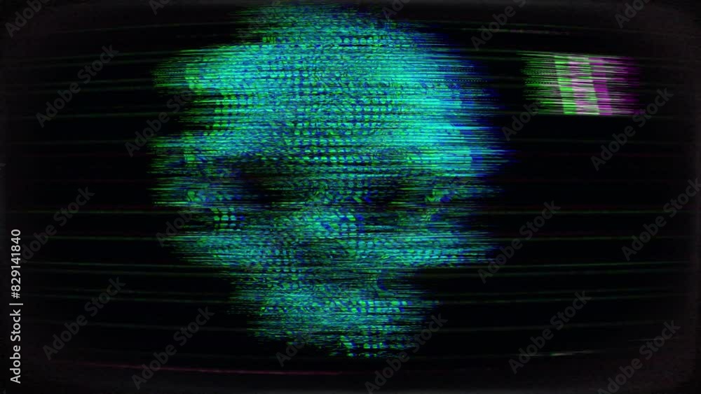 Poster television or computer display with a scary human skull on it, glitches and static effects and flick