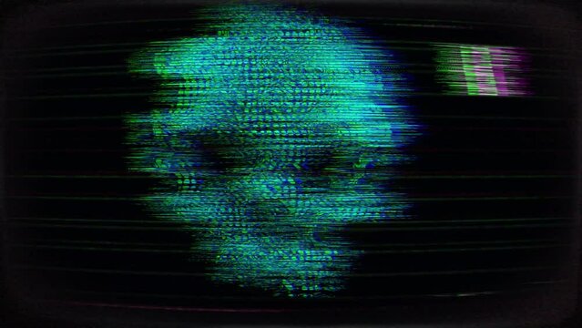 Television or computer display with a scary human skull on it, glitches and static effects and flickering