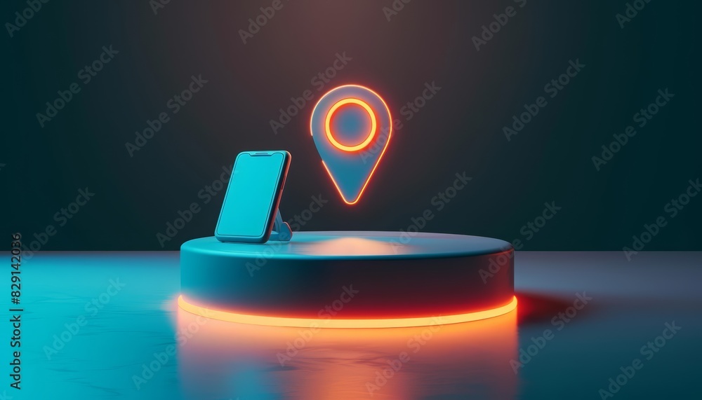 Poster a blank podium showcasing a smartphone with a map and a glowing location pin, set against a sleek, m