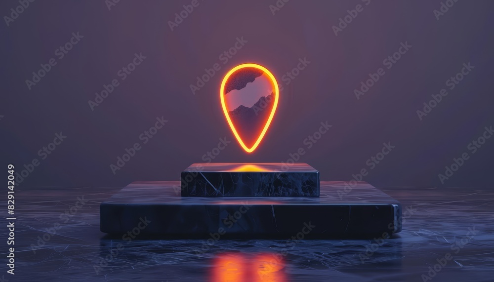 Poster a blank podium showcasing a smartphone with a map and a glowing location pin, set against a sleek, m