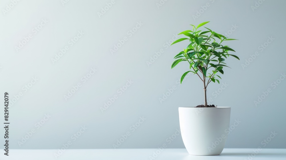 Poster small trees grow on pot copy space on white background with minimalist style
