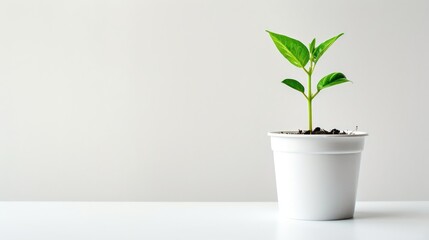 Fototapeta premium small trees grow on pot copy space on white background with minimalist style