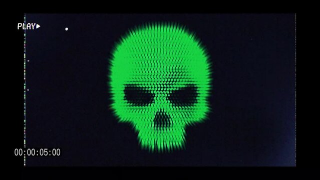 Old style video camera frame with a green human skull on it, glitches and static, flickering effects and textures