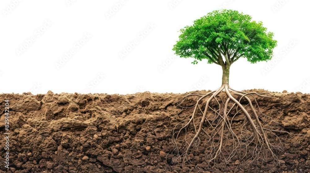 Poster a young tree with roots spreading into the soil, with a transparent overlay showing its underground 